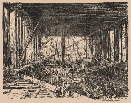 On the Clyde, 1917-1918: The Floor of the Train Ferry by Muirhead Bone, print, 1917-1918