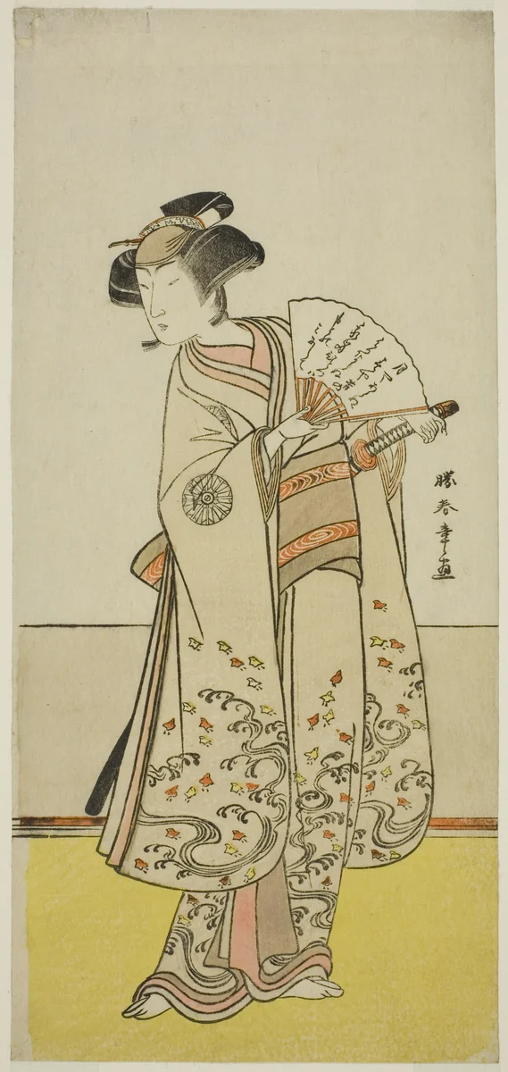 The Actor Nakamura Noshio I as Oiso no Tora (?) in the Play Shida Yuzuriha Horai Soga (?), Performed at the Morita Theater (?) in the First Month, 1775 (?) by Katsukawa Shunsho (勝川 春章), print, 1770-1780