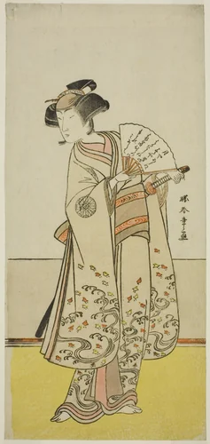 The Actor Nakamura Noshio I as Oiso no Tora (?) in the Play Shida Yuzuriha Horai Soga (?), Performed at the Morita Theater (?) in the First Month, 1775 (?) by Katsukawa Shunsho (勝川 春章), print, 1770-1780