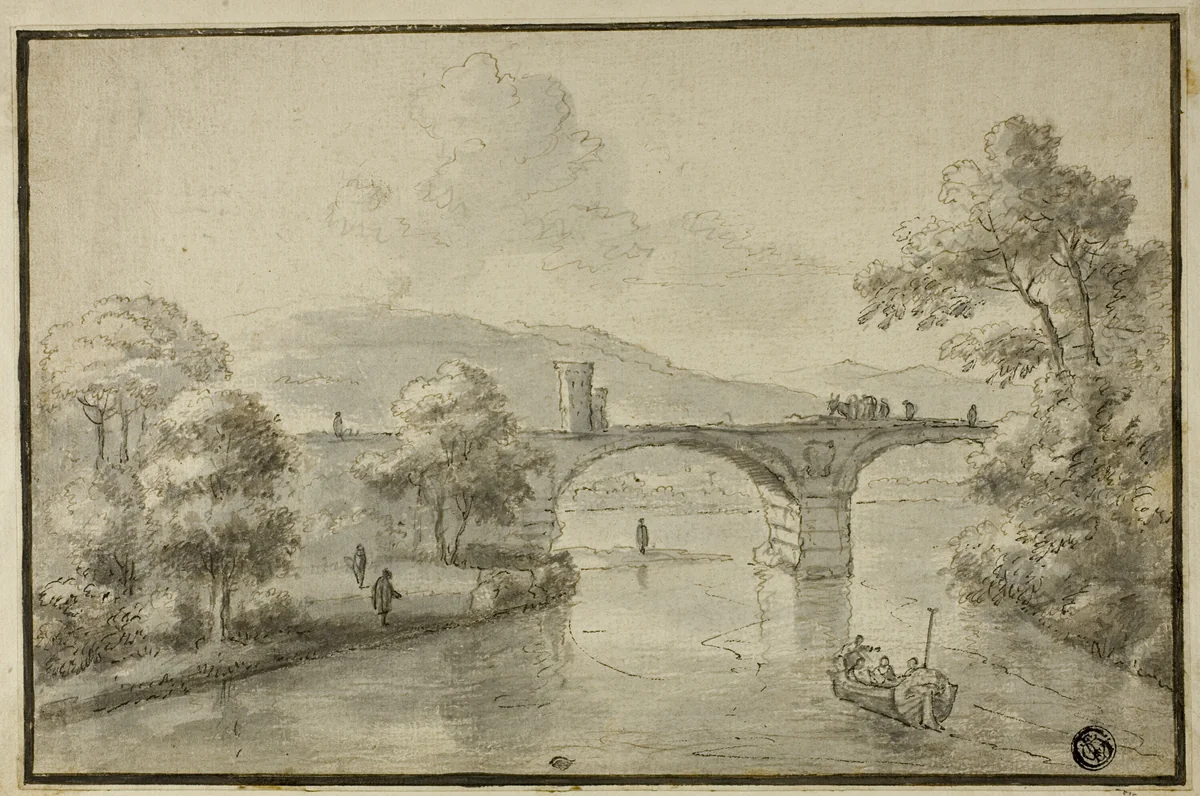 River with Arched Bridge and Boat by Herman van Swanevelt, drawing, 1600-1699