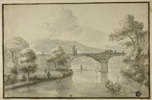 River with Arched Bridge and Boat by Herman van Swanevelt, drawing, 1600-1699