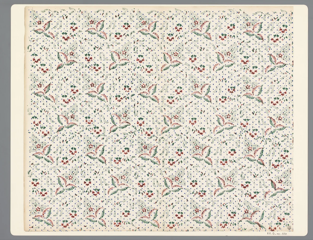 Blad met strooipatroon van bladmotieven met punten en sterretjes by anonymous, print, 1800-1900