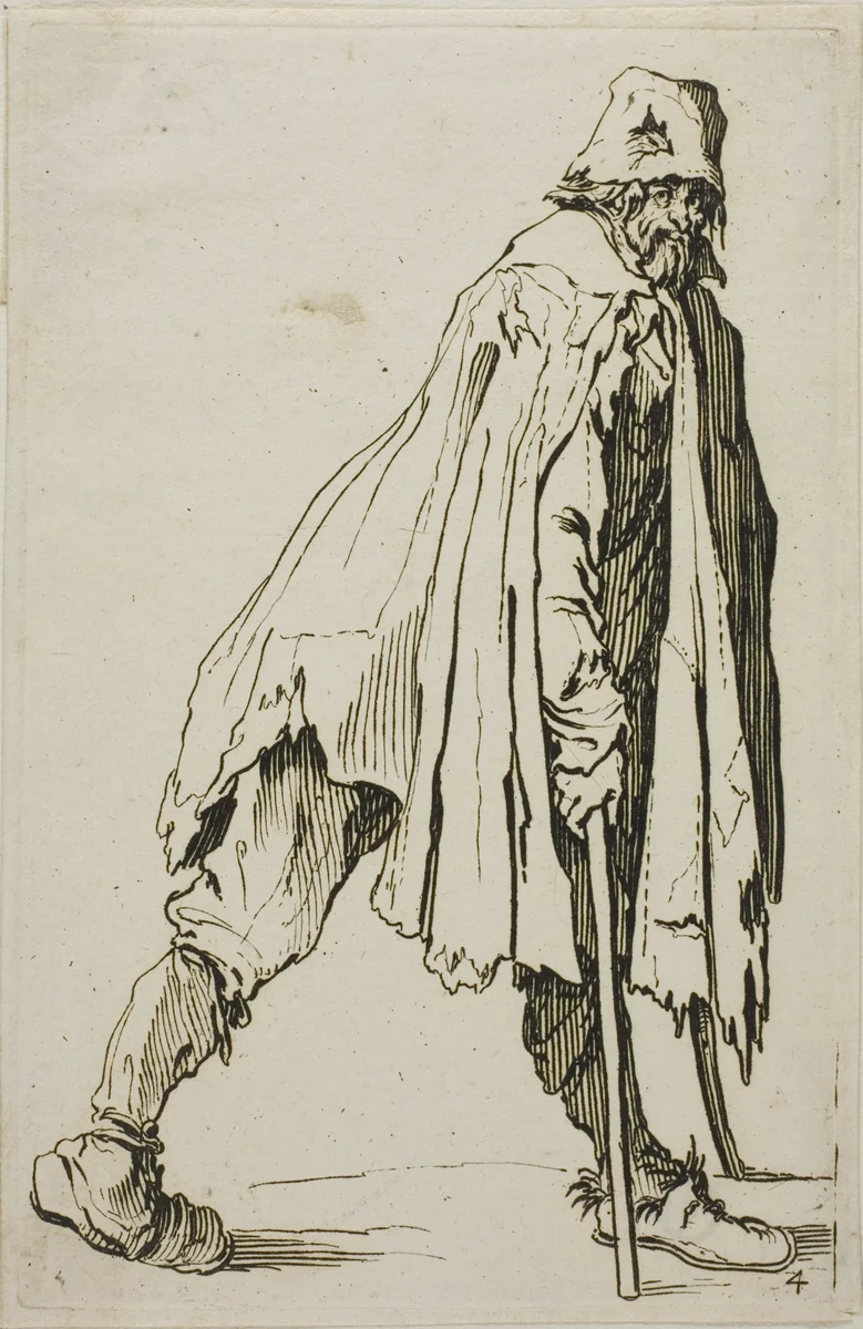 Beggar on Crutches Wearing a Hat, plate four from The Beggars by Jacques Callot, print, 1617-1627