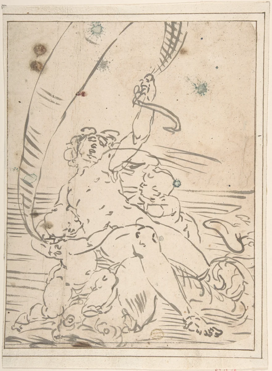 Arion and Two Cupids on a Dolphin by Luca Cambiaso, drawing, 1527-1585