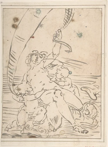 Arion and Two Cupids on a Dolphin by Luca Cambiaso, drawing, 1527-1585