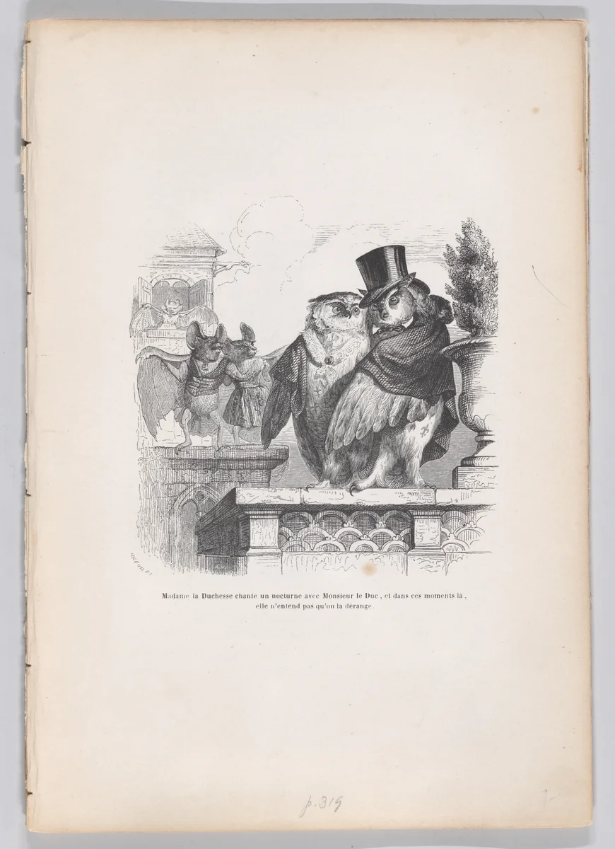 The Duchess is singing a nocturne with the Duke..., from "Scenes from the Private and Public Life of Animals" by J. J. Grandville, print, 1832-1852