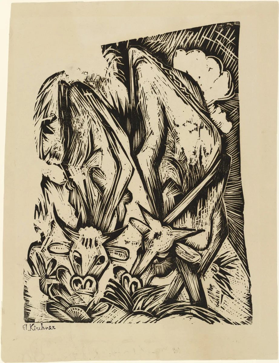 Two Grazing Cows (Zwei grasende Kühe) by Ernst Ludwig Kirchner, print, 1918