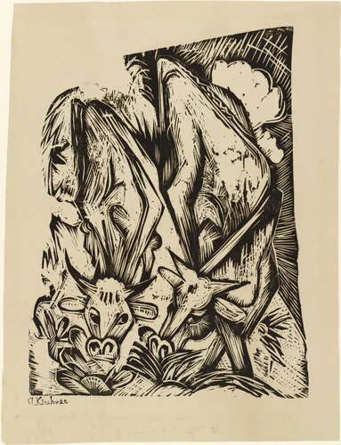 Two Grazing Cows (Zwei grasende Kühe) by Ernst Ludwig Kirchner, print, 1918