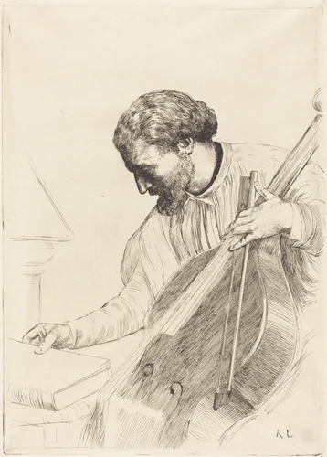 The Bass Player (Le joueur de contre-basse) by Alphonse Legros, print, 1837-1911