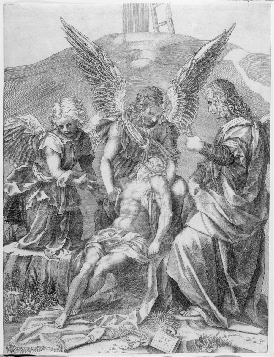 The Body of Christ Supported by Three Angels by Agostino Veneziano, print, 1516