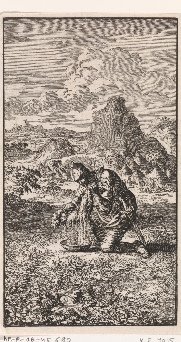 Gideon en de natte schaapsvacht by Jan Luyken, print, 1712