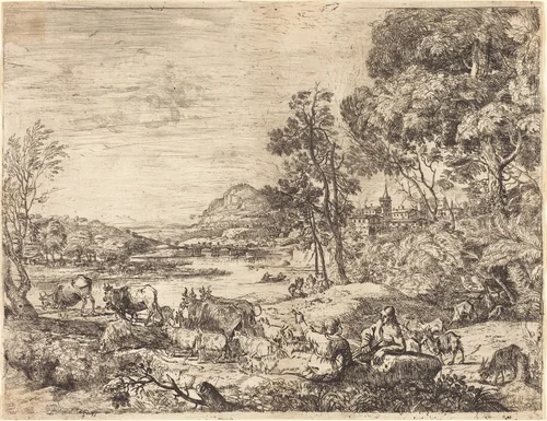 Shepherd and Shepherdess Conversing in a Landscape (Berger et bergère conversant) by Claude Lorrain, print, 1651
