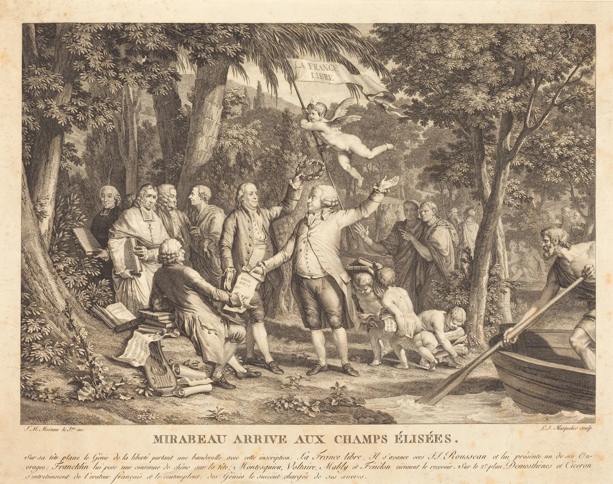 Mirabeau arrive aux Champs-Élisées by Louis-Joseph Masquelier; Jean-Michel Moreau the Younger, print, 1792