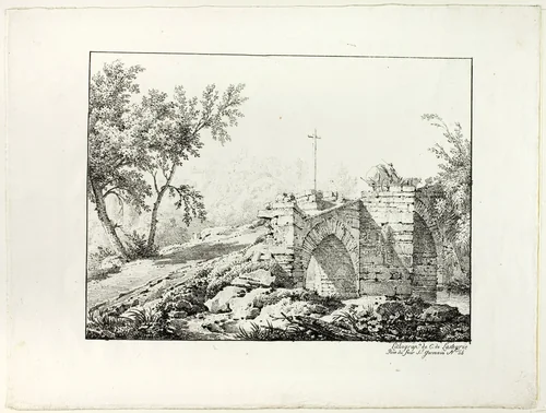 Landscape with Bridge by Achille Etna Michallon, print, 1817