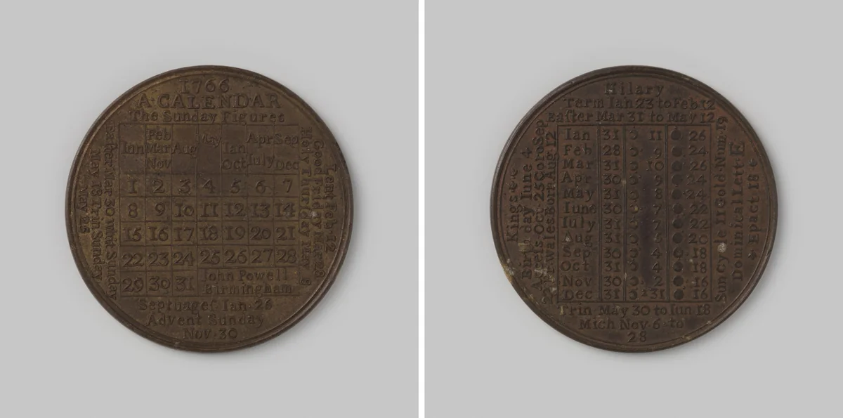 Engelse kalenderpenning 1766 by Joseph John Powell, metalwork, 1766