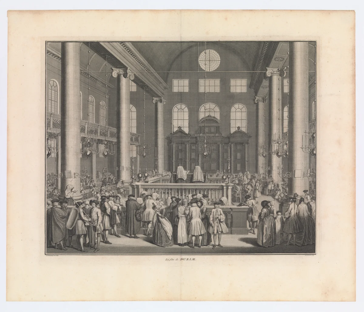 The Festival of Purim (La fête de Purim); Interior of the Portuguese Synagogue in Amsterdam by Balthasar Bernaerts, print, 1737