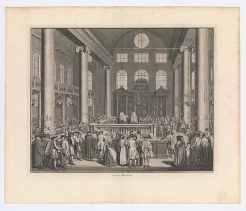 The Festival of Purim (La fête de Purim); Interior of the Portuguese Synagogue in Amsterdam by Balthasar Bernaerts, print, 1737