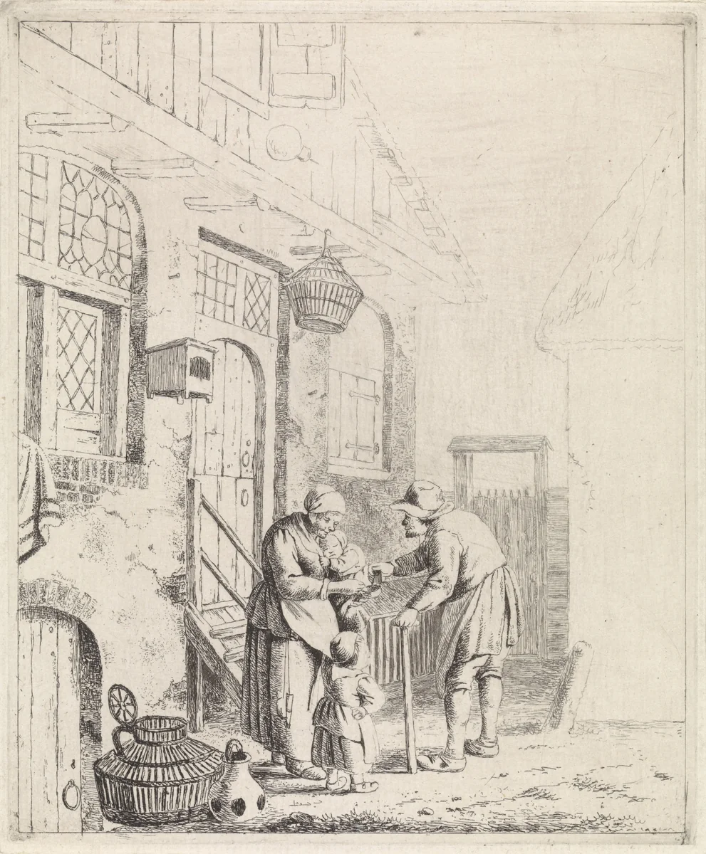 Binnenplaats met boeren by Johannes Christiaan Janson, print, 1778-1823