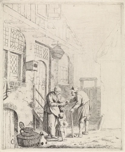 Binnenplaats met boeren by Johannes Christiaan Janson, print, 1778-1823