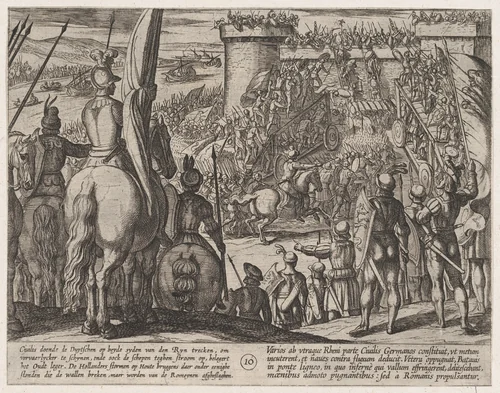 Plate 10: Civilis using Movable Wooden Bridges to Attack the Fortress, from The War of the Romans Against the Batavians (Romanorvm et Batavorvm societas) by Antonio Tempesta, print, 1611-1612