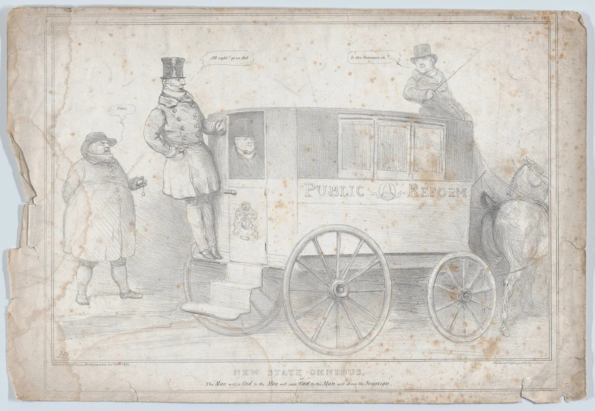 New State Omnibus, or, The Man wot is Cad to the Man wot was Cad to the Man wot drove the Sovereign by John Doyle, print, 1834
