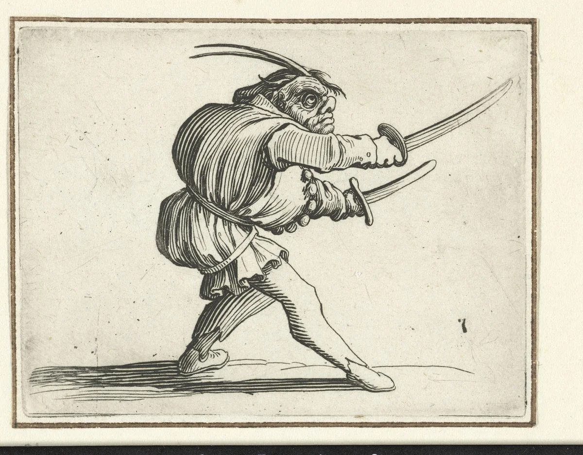 Groteske figuur met twee zwaarden by Jacques Callot, print, 1621-1625