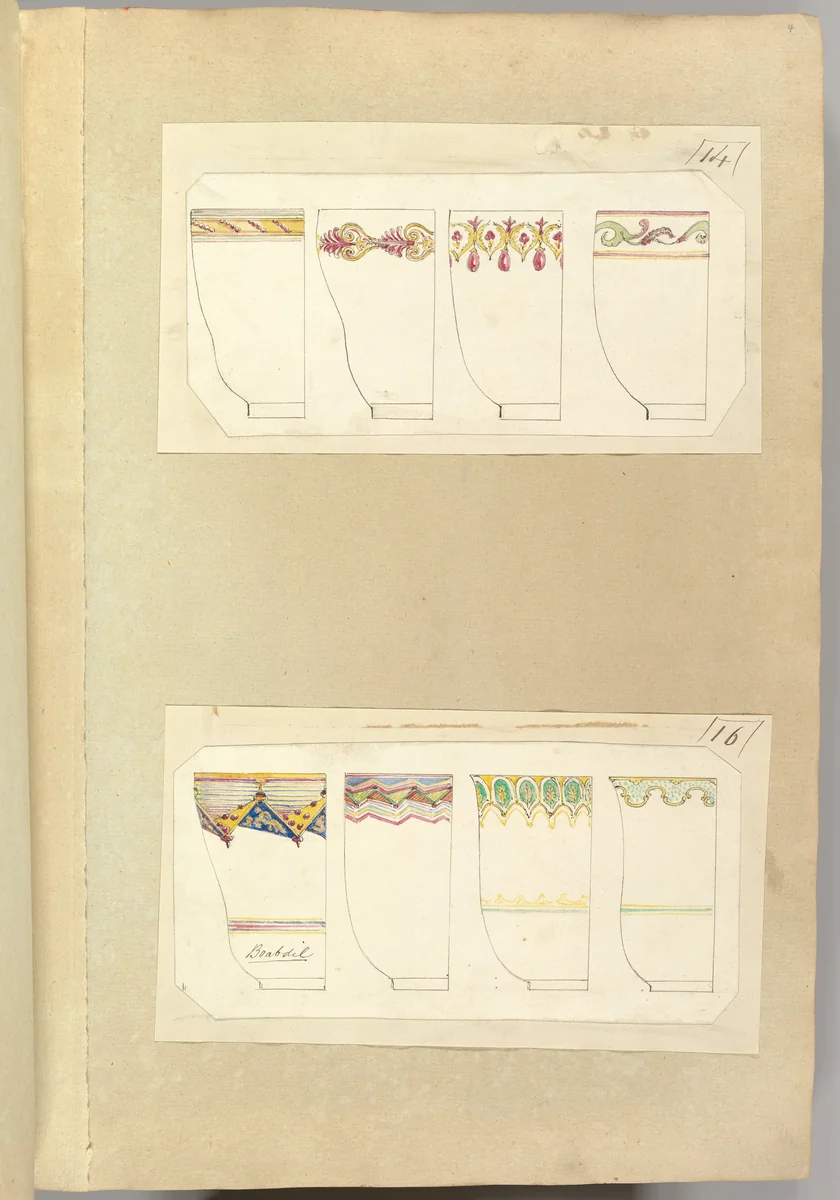 Eight Designs for Decorated Cups, including Boabdil Pattern by Alfred Forrester, drawing, 1845-1855