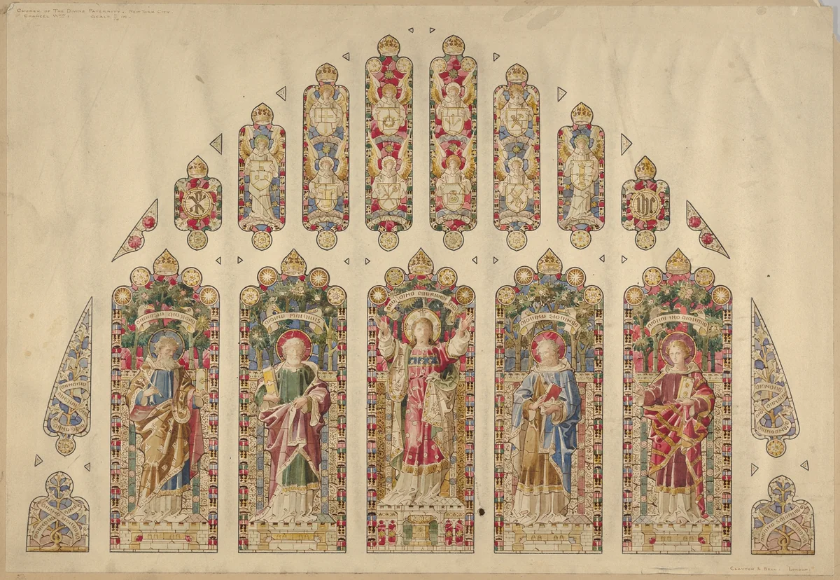 Design for a Multi-paned Stained-glass Window, Church of the Divine Paternity, New York by Clayton and Bell, drawing, 1893-1903