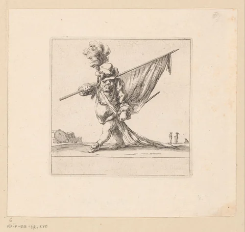 Karikatuur van een vaandeldragende man by François Collignon, print, 1620-1687