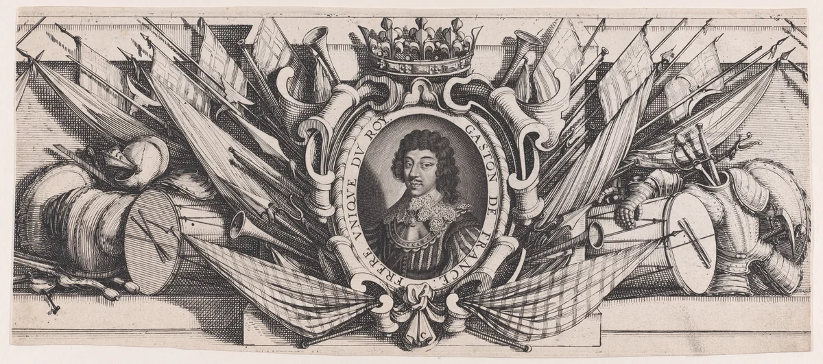 Border at Bottom Center: Portrait of Gaston of France in an Ornamental Border, from "Siège de La Rochelle" (The Seige of La Rochelle) by Abraham Bosse, print, 1628-1631