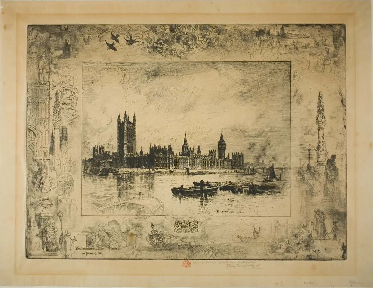 Westminster Palace, London by Félix Hilaire Buhot, print, 1884