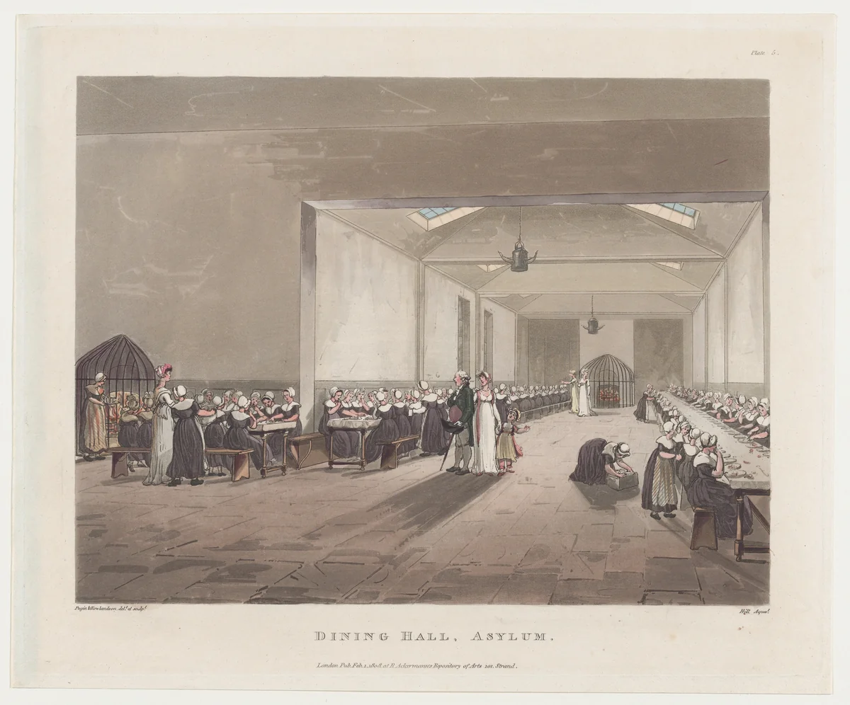 Dining Hall, Asylum by Thomas Rowlandson, print, 1808