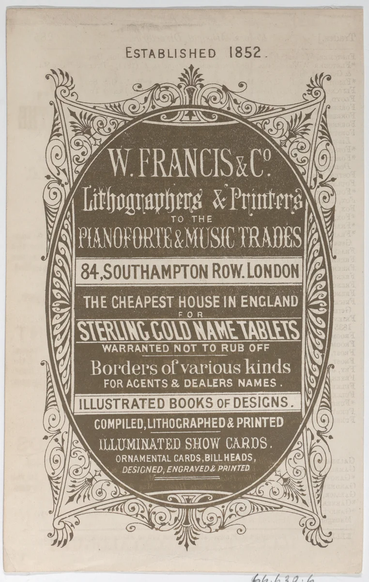Trade Card for W. Francis & Co., Lithographers and Printers by anonymous, print, 1800-1900