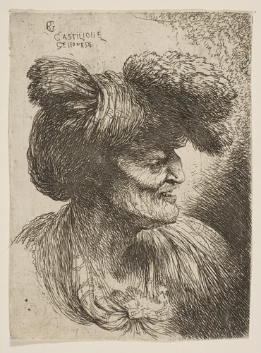 Bust of beardless old man in profile facing right, from "Small Heads in Oriental Headdress" by Giovanni Benedetto Castiglione, print, 1640-1650