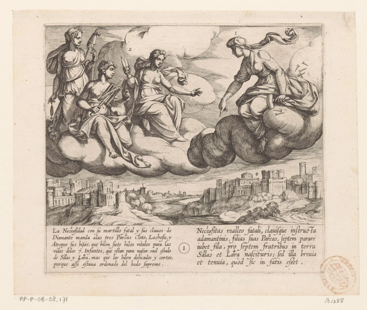 Noodzaak beveelt de schikgodinnen om de levensdraden van de zeven zonen van Lara kort en ijl te weven by Antonio Tempesta, print, 1612