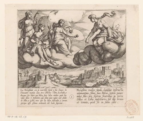 Noodzaak beveelt de schikgodinnen om de levensdraden van de zeven zonen van Lara kort en ijl te weven by Antonio Tempesta, print, 1612