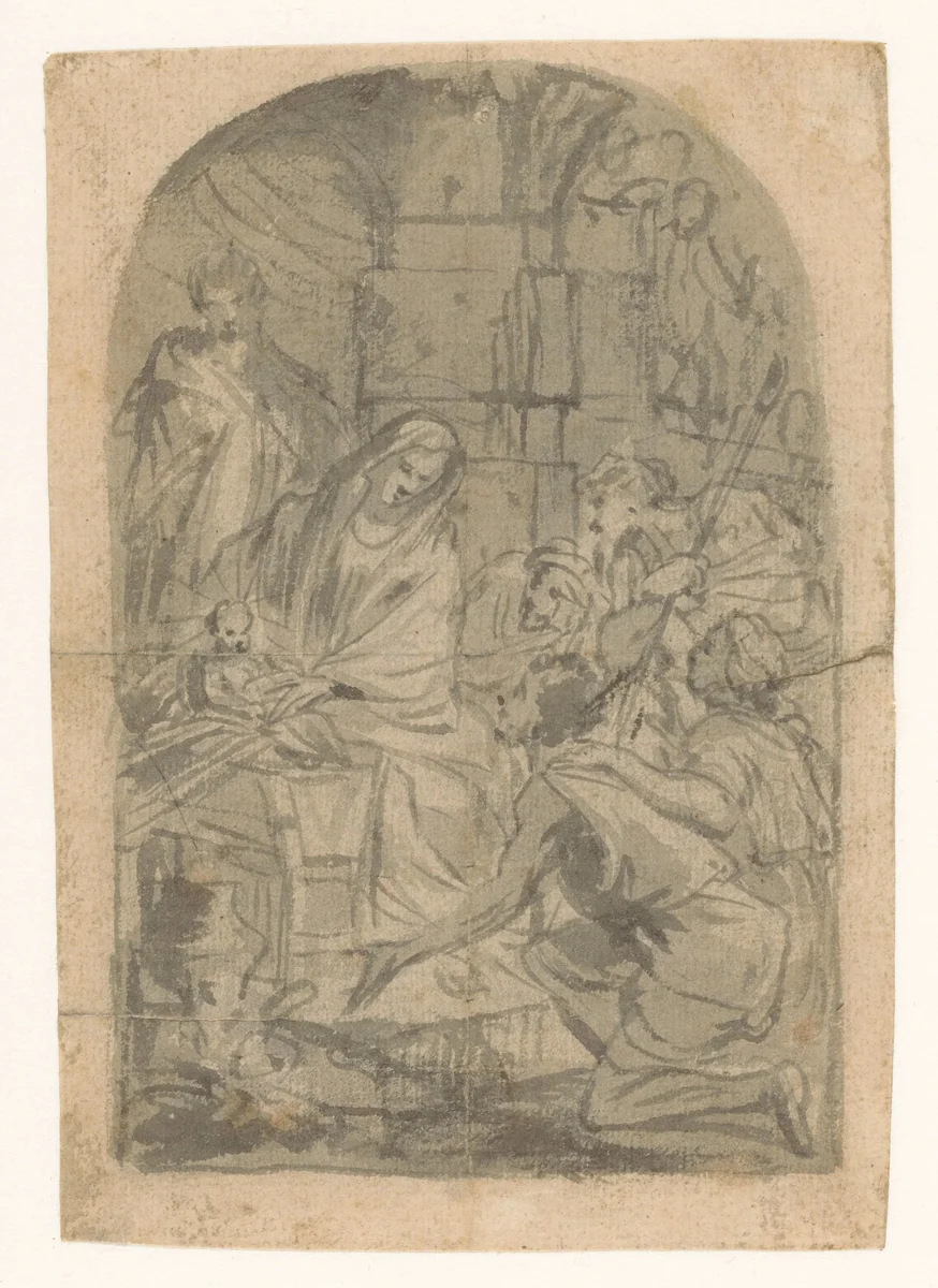 Aanbidding der herders by anonymous, drawing, 1600-1699
