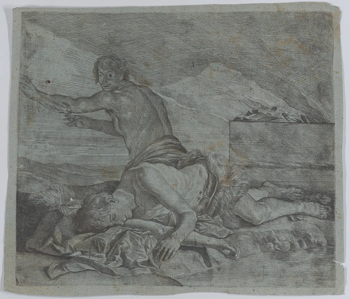 Cain fleeing after having slain Abel by Matthias Stom, print, 1635-1645