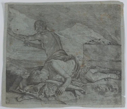 Cain fleeing after having slain Abel by Matthias Stom, print, 1635-1645