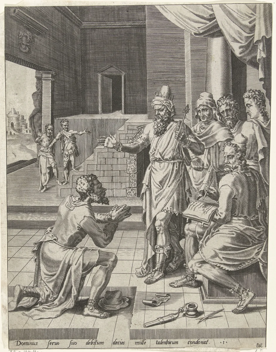 Kwijtschelding van de schuld van de knecht door de koning by Unknown, print, 1554