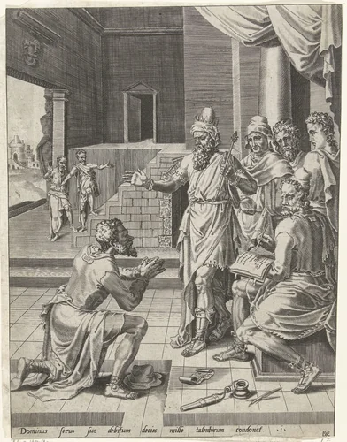 Kwijtschelding van de schuld van de knecht door de koning by Unknown, print, 1554