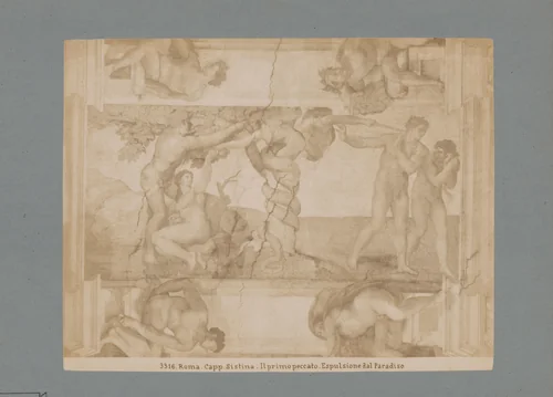Fotoreproductie van het fresco De zondeval en de verdrijving uit het Paradijs door Michelangelo in de Sixtijnse kapel by anonymous, photograph, 1851-1900