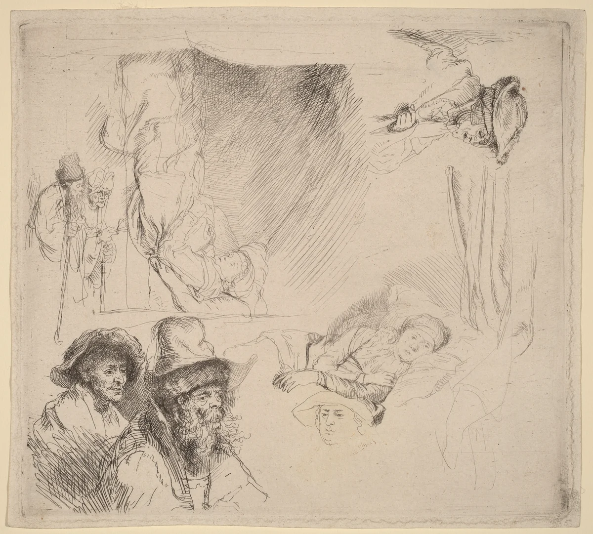 Sheet of Studies including a Woman Lying Ill in Bed by Rembrandt van Rijn, print, 1641-1642