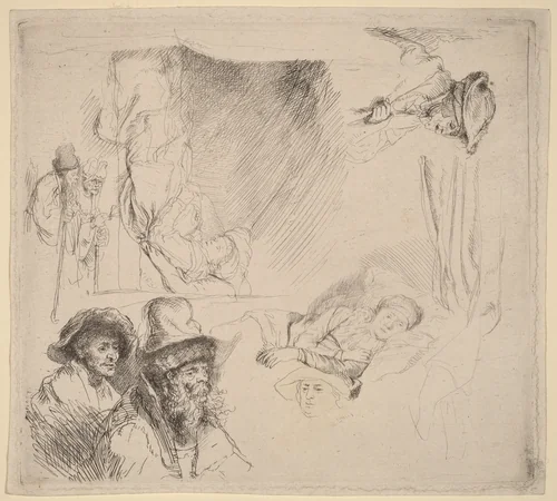 Sheet of Studies including a Woman Lying Ill in Bed by Rembrandt van Rijn, print, 1641-1642