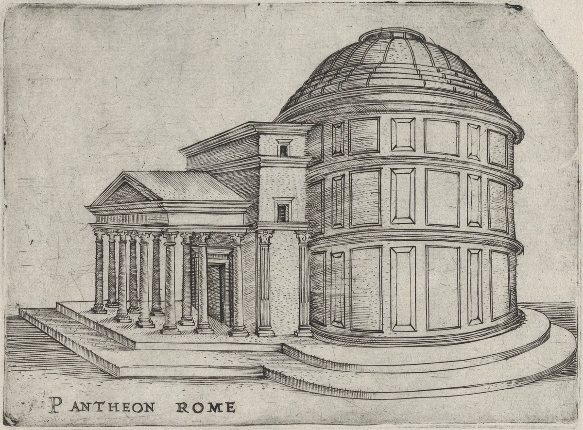 Pantheon Rome, from a Series of 24 Depicting (Reconstructed) Buildings from Roman Antiquity by anonymous, print, 1530-1550