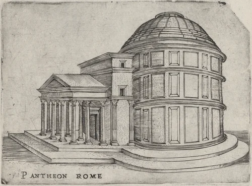 Pantheon Rome, from a Series of 24 Depicting (Reconstructed) Buildings from Roman Antiquity by anonymous, print, 1530-1550