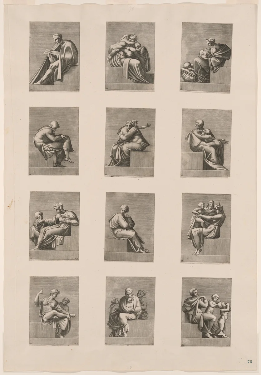 Figures from the Ceiling of the Sistine Chapel by Adamo Scultori, print, 1550-1565