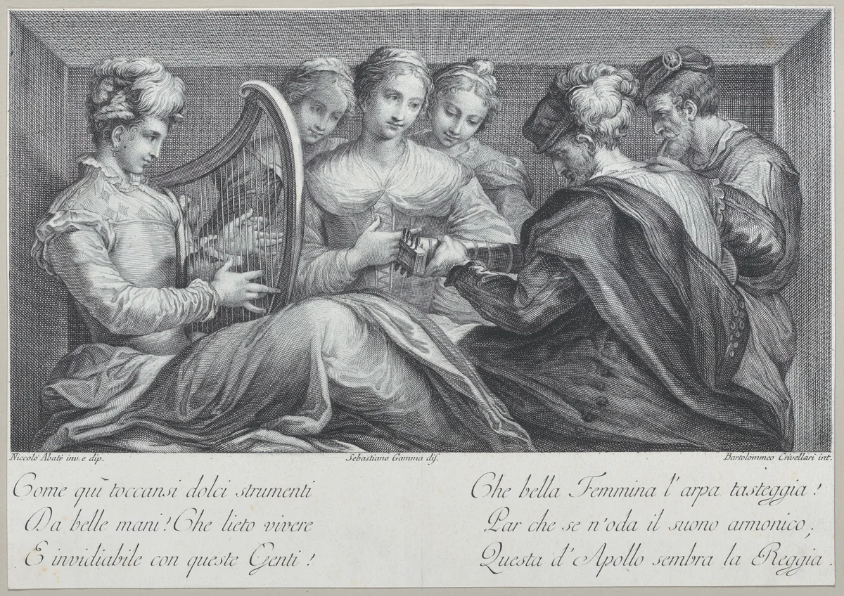 A group of elegantly dressed people playing the harp and a guitar by Bartolomeo Crivellari, print, 1740-1768