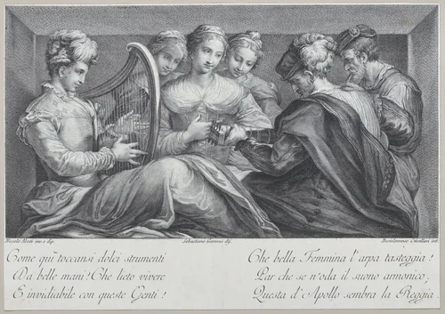 A group of elegantly dressed people playing the harp and a guitar by Bartolomeo Crivellari, print, 1740-1768