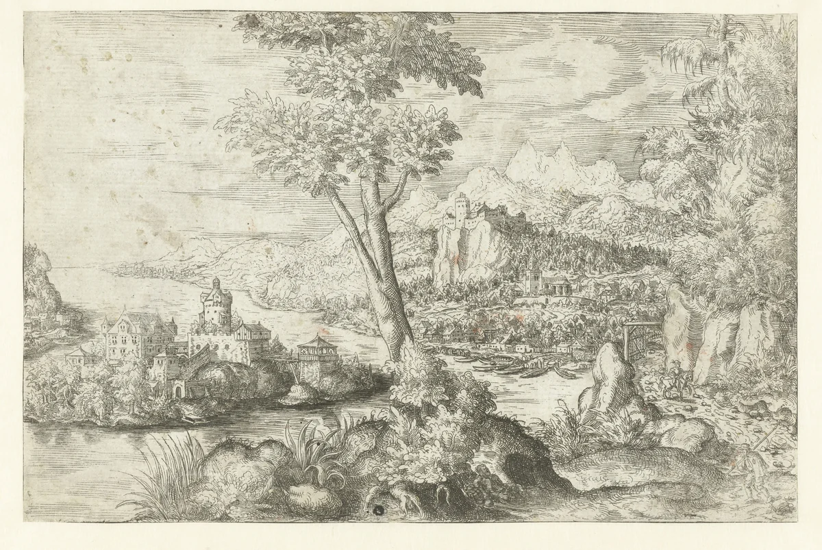 Landschap met rivier by Hans Lautensack, print, 1534-1566